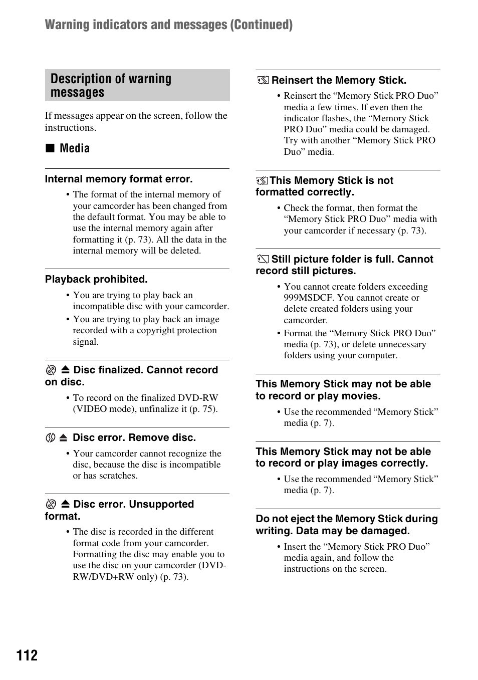 Warning indicators and messages (continued), Description of warning messages | Sony DCR-DVD850 User Manual | Page 112 / 159