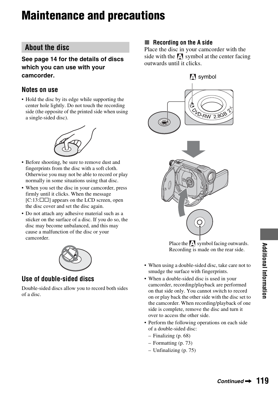 Maintenance and precautions, About the disc, P. 119) | Sony DCR-DVD850 User Manual | Page 119 / 159