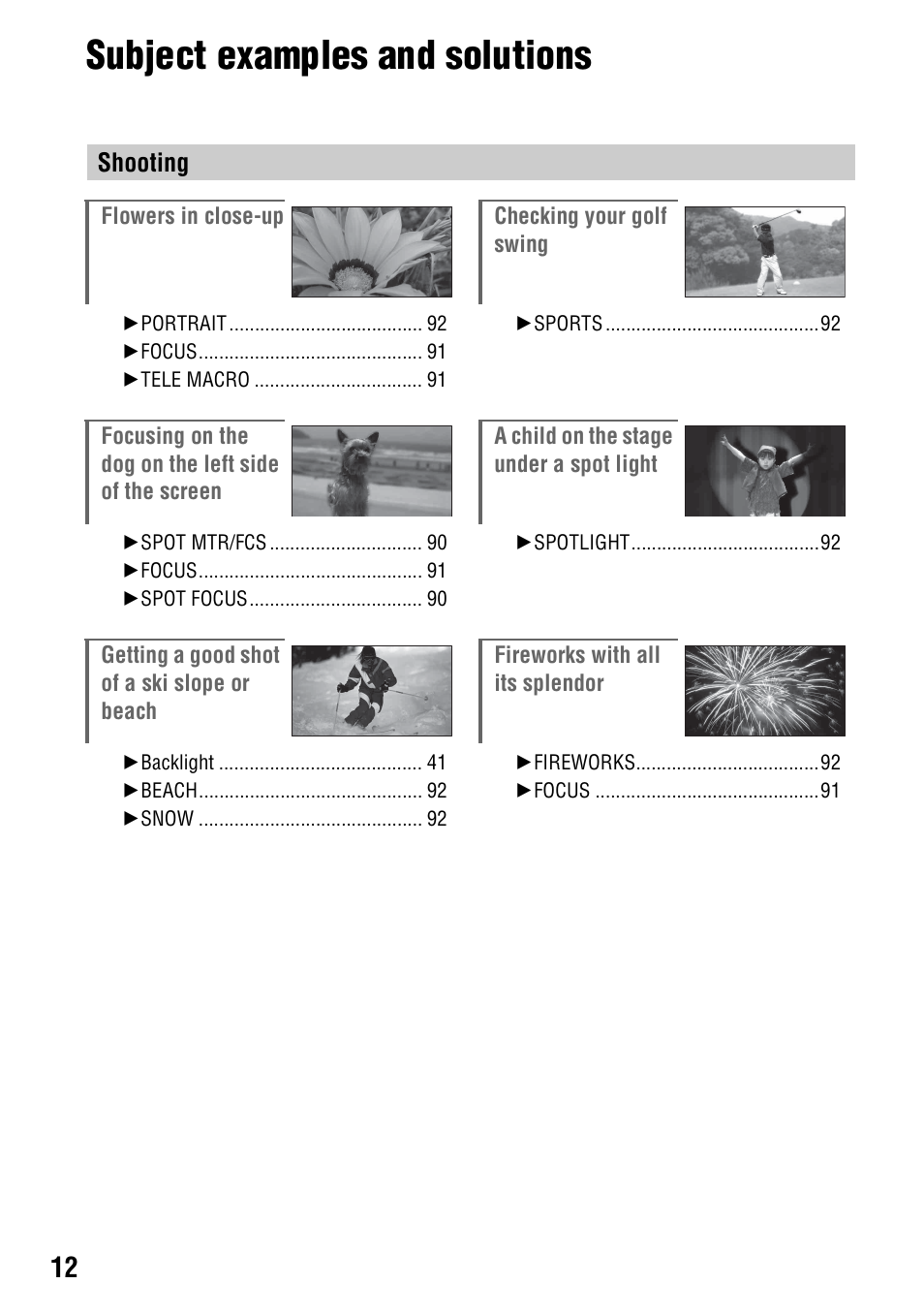 Subject examples and solutions, Shooting | Sony DCR-DVD850 User Manual | Page 12 / 159