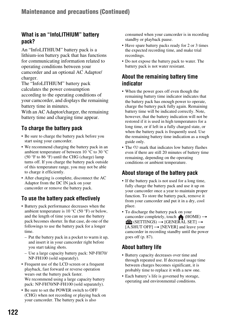 Maintenance and precautions (continued), What is an “infolithium” battery pack, About the remaining battery time indicator | About storage of the battery pack, About battery life | Sony DCR-DVD850 User Manual | Page 122 / 159