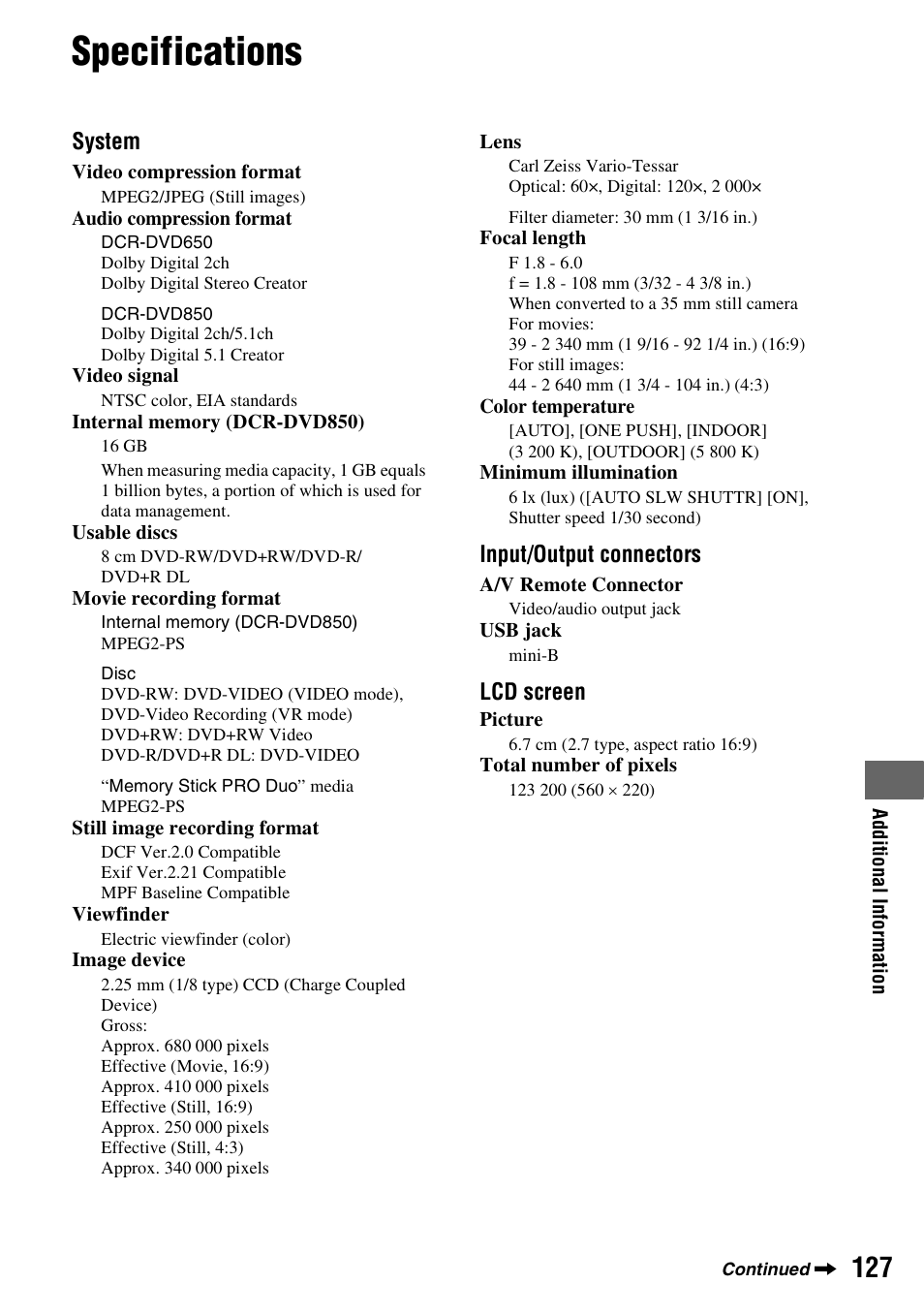 Specifications | Sony DCR-DVD850 User Manual | Page 127 / 159