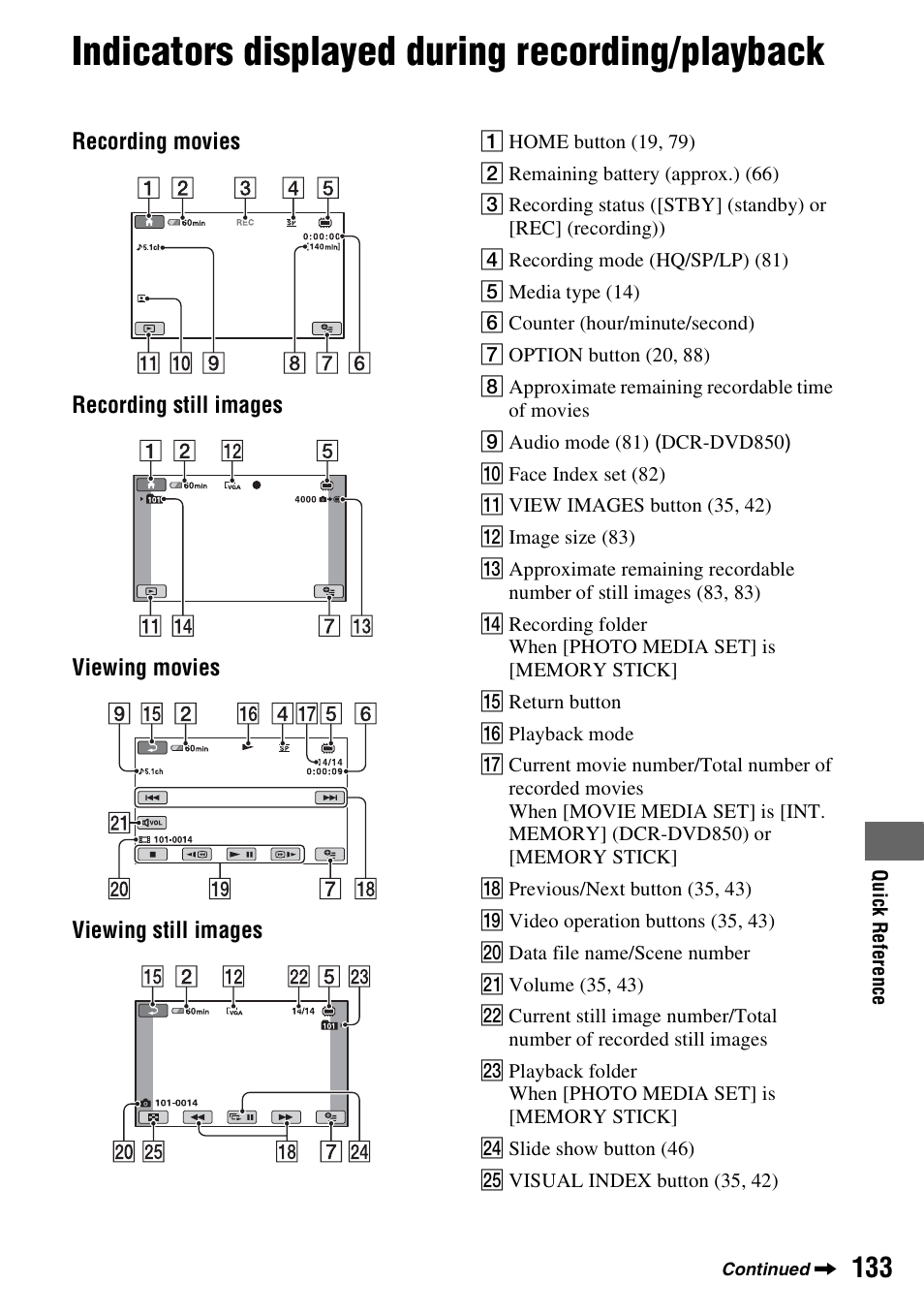 Indicators displayed during recording/playback, Indicators displayed during recording, Playback | P. 133) | Sony DCR-DVD850 User Manual | Page 133 / 159