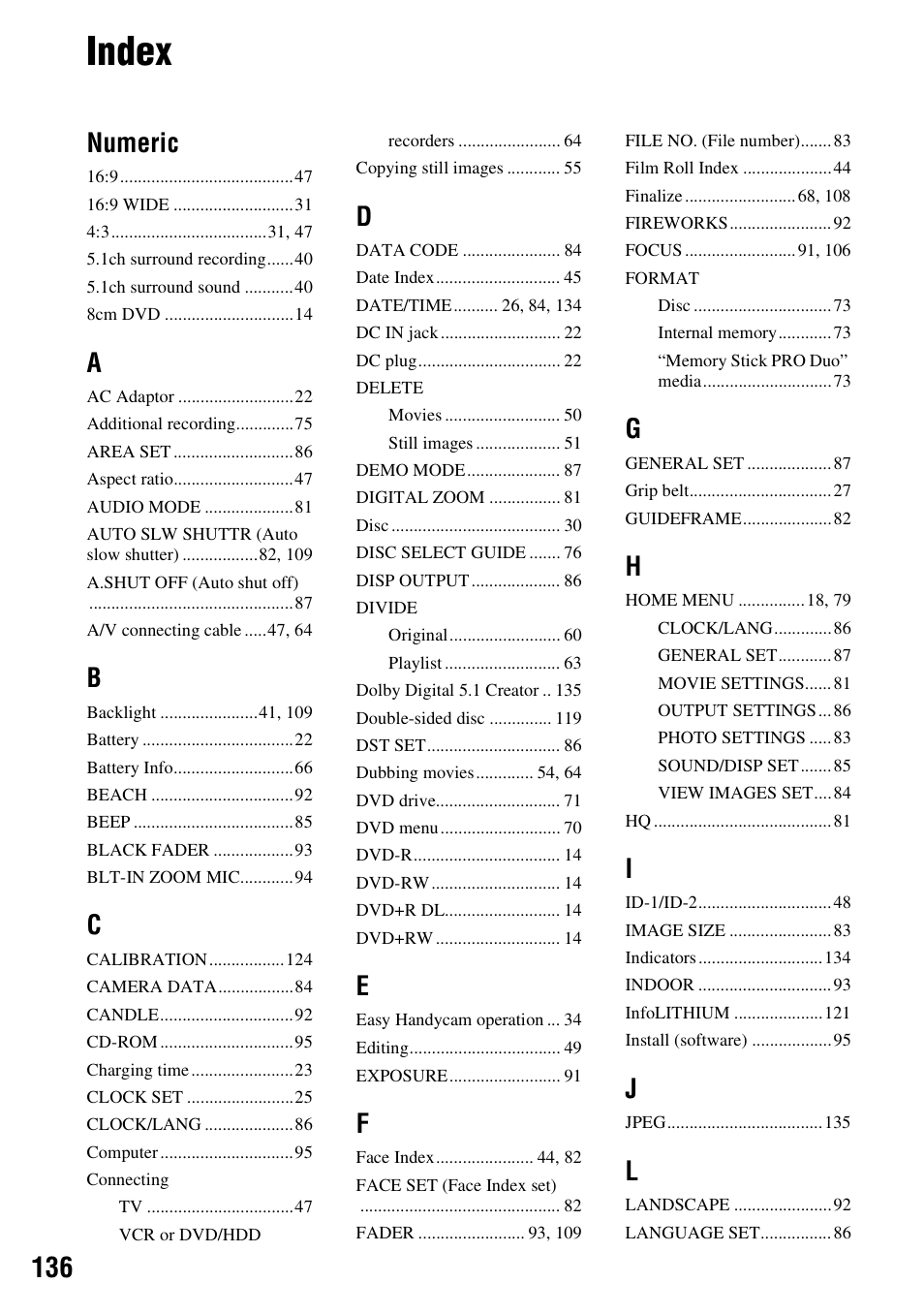 Index, Numeric | Sony DCR-DVD850 User Manual | Page 136 / 159