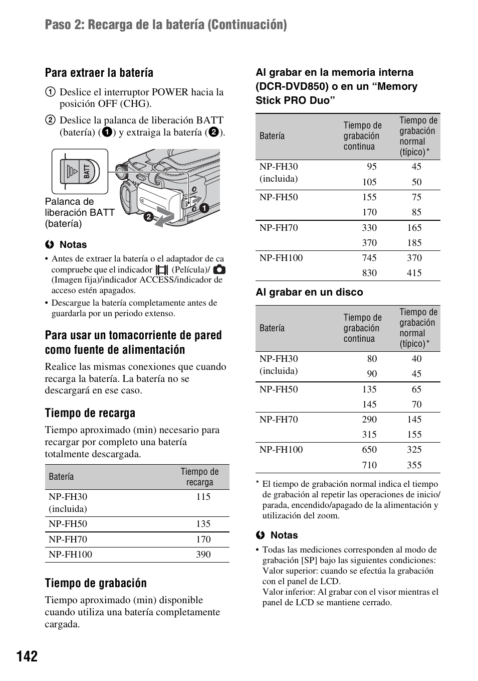 Paso 2: recarga de la batería (continuación), Para extraer la batería, Tiempo de recarga | Tiempo de grabación | Sony DCR-DVD850 User Manual | Page 142 / 159