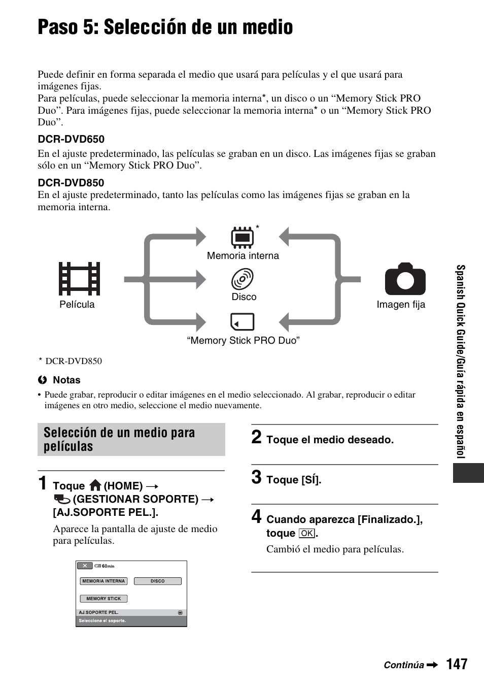 Paso 5: selección de un medio, Selección de un medio para películas | Sony DCR-DVD850 User Manual | Page 147 / 159