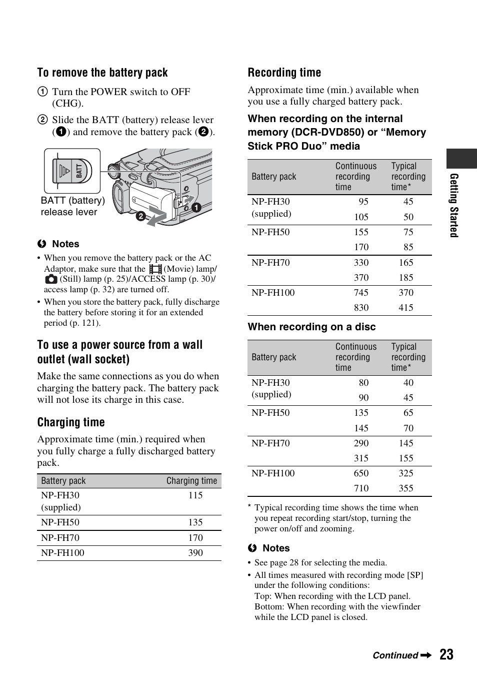 Charging time, Recording time | Sony DCR-DVD850 User Manual | Page 23 / 159