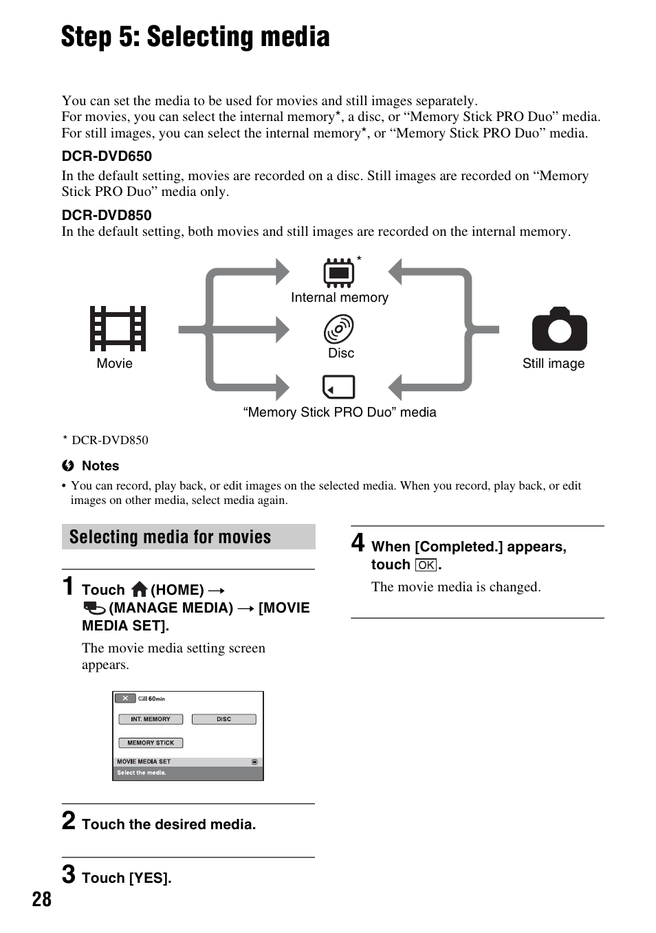 Step 5: selecting media, P. 28), P. 28 | Sony DCR-DVD850 User Manual | Page 28 / 159