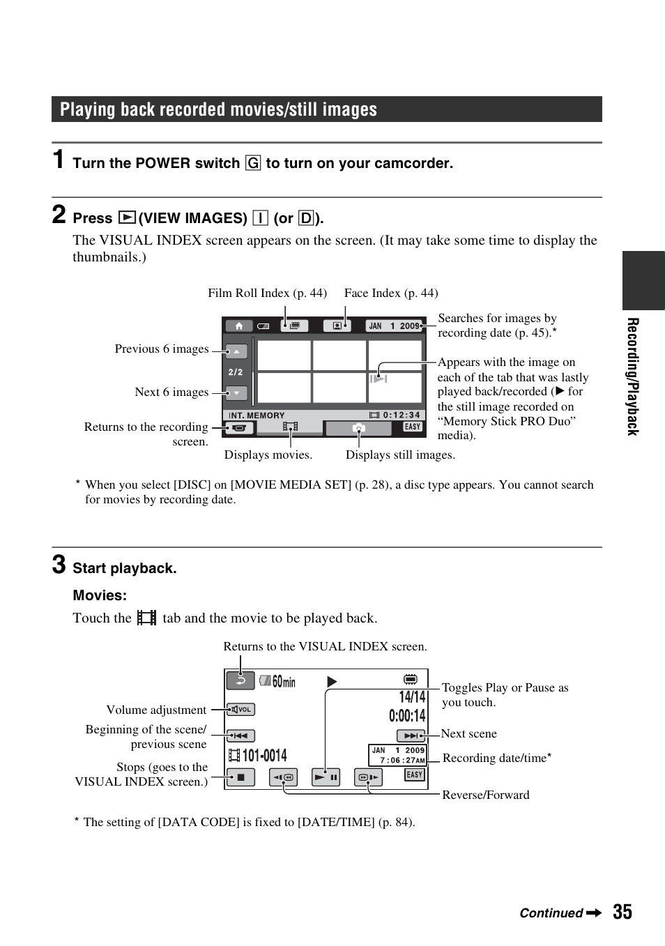 Playing back recorded movies/still images | Sony DCR-DVD850 User Manual | Page 35 / 159