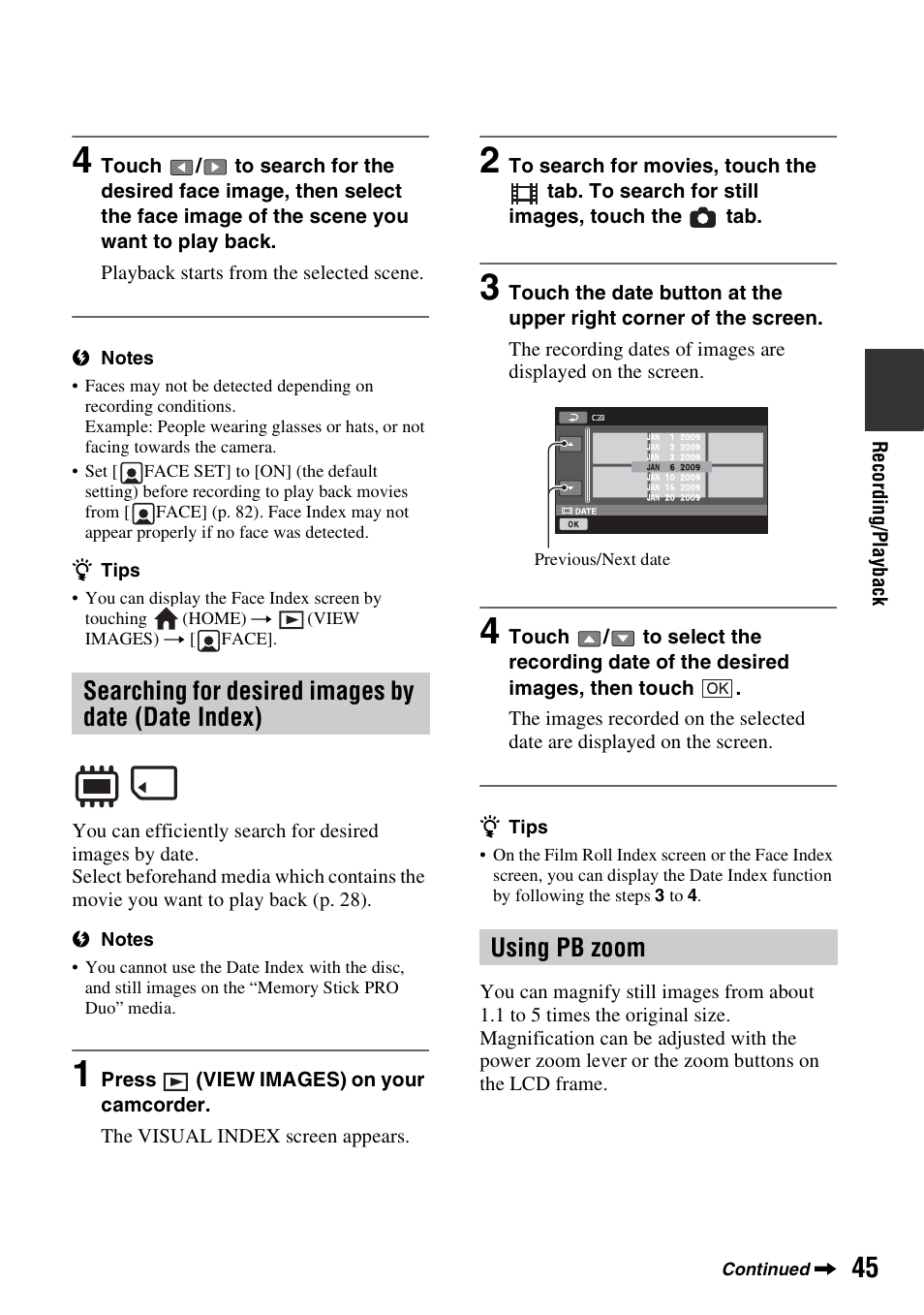 Searching for desired images by date (date index), Using pb zoom, Searching for desired images by | Date (date index), P. 45), P. 45 | Sony DCR-DVD850 User Manual | Page 45 / 159