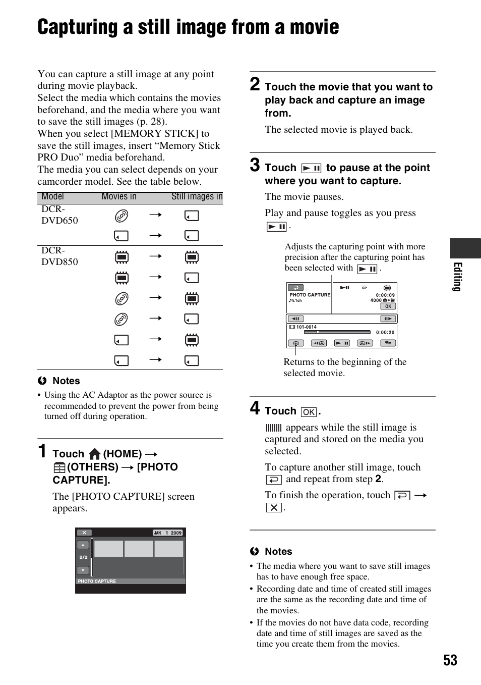 Capturing a still image from a movie, P. 53, P. 53) | Sony DCR-DVD850 User Manual | Page 53 / 159