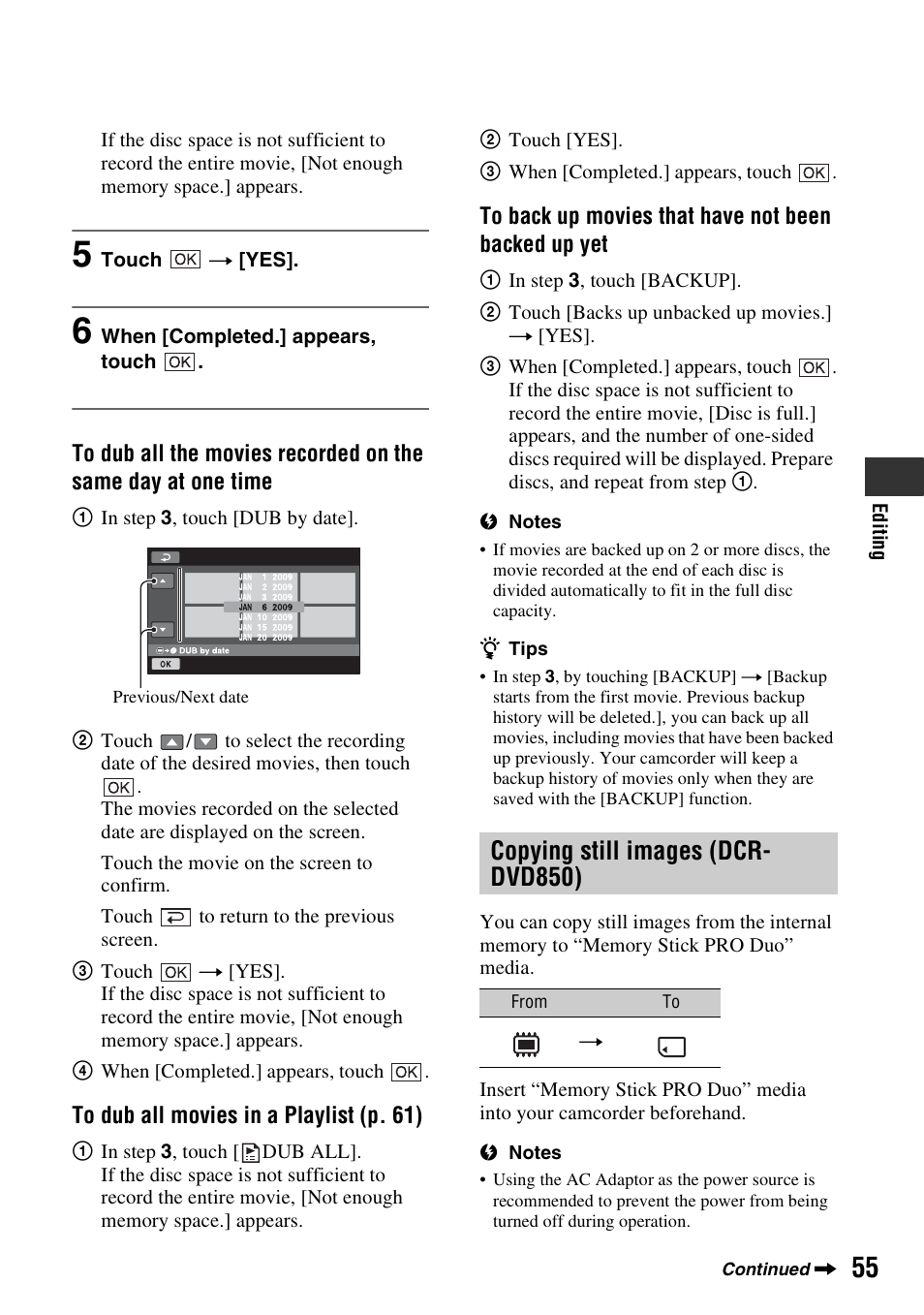 P. 55), Copying still images (dcr- dvd850) | Sony DCR-DVD850 User Manual | Page 55 / 159