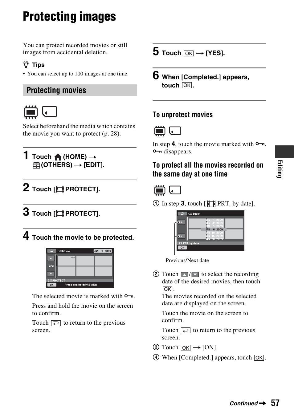 Protecting images, P. 57), Protecting movies | Sony DCR-DVD850 User Manual | Page 57 / 159