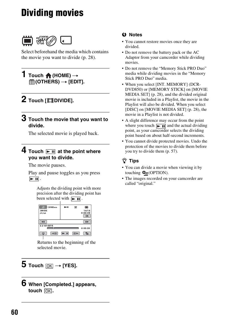 Dividing movies | Sony DCR-DVD850 User Manual | Page 60 / 159