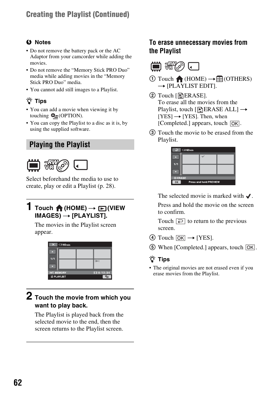 Creating the playlist (continued), Playing the playlist | Sony DCR-DVD850 User Manual | Page 62 / 159