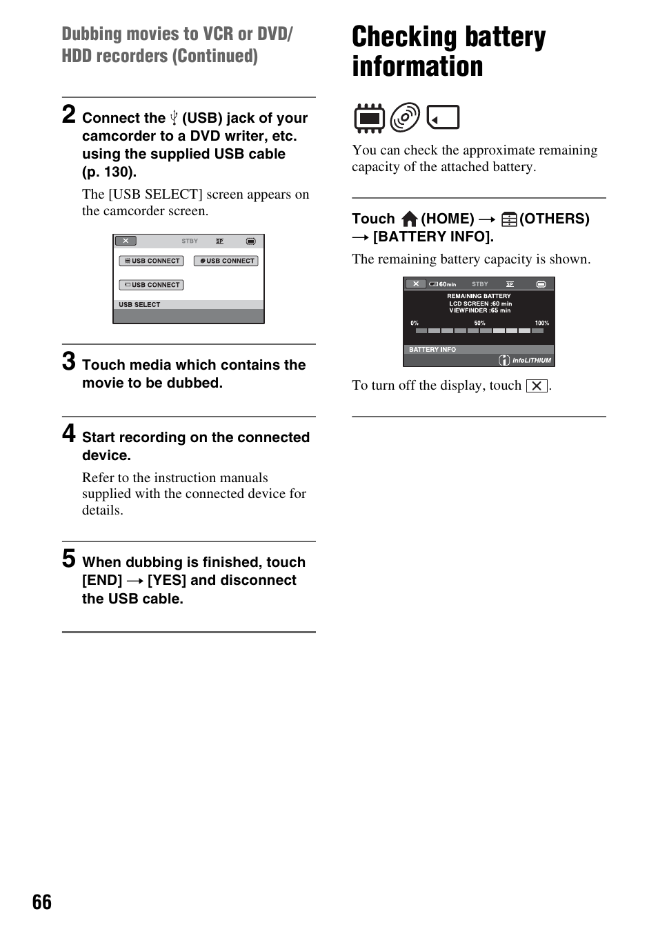 Checking battery information, P. 66) | Sony DCR-DVD850 User Manual | Page 66 / 159