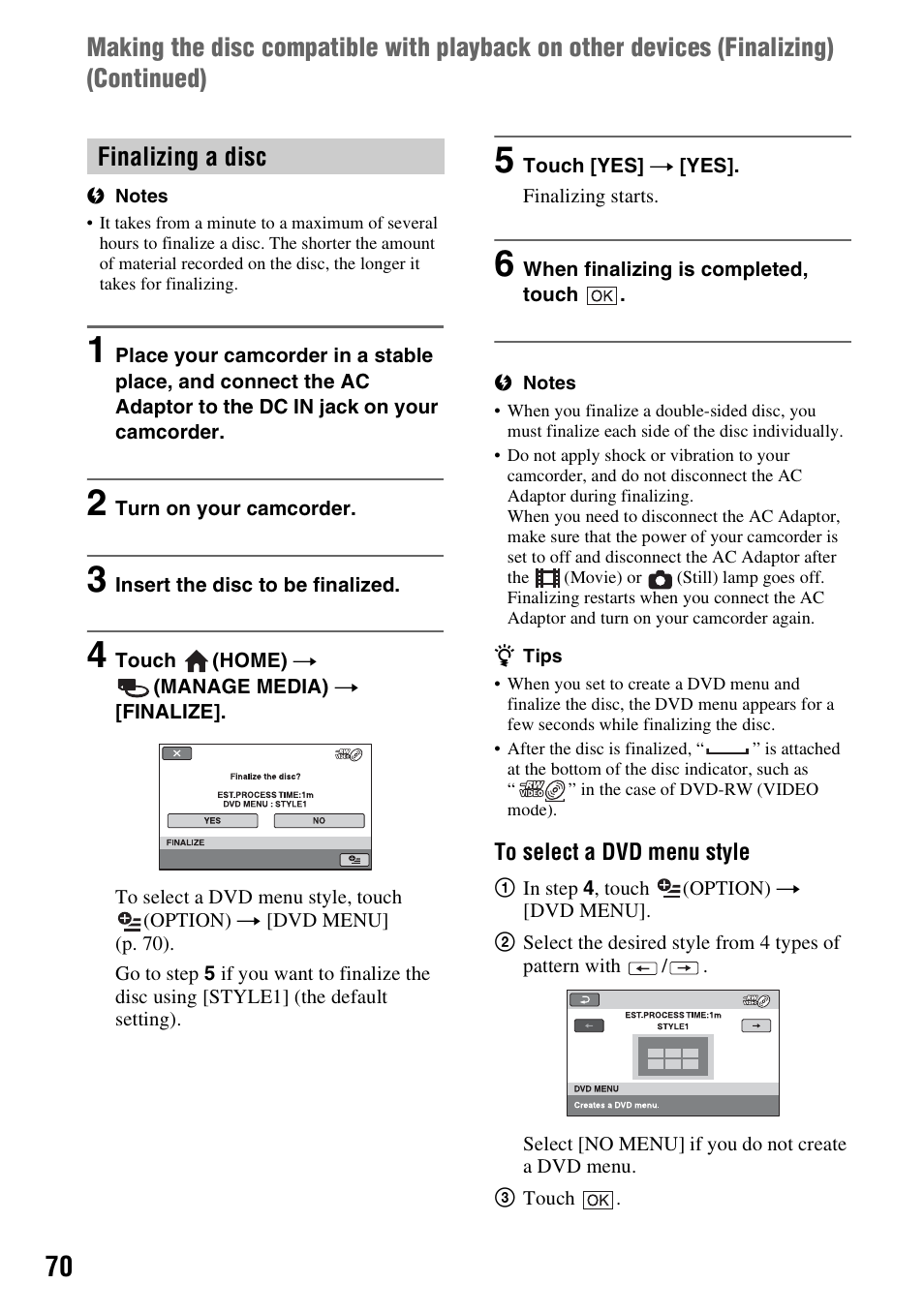 Finalizing a disc | Sony DCR-DVD850 User Manual | Page 70 / 159