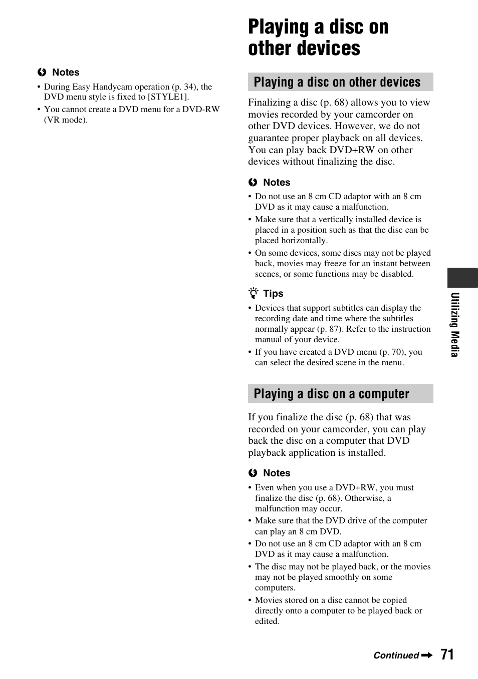 Playing a disc on other devices, P. 71) | Sony DCR-DVD850 User Manual | Page 71 / 159