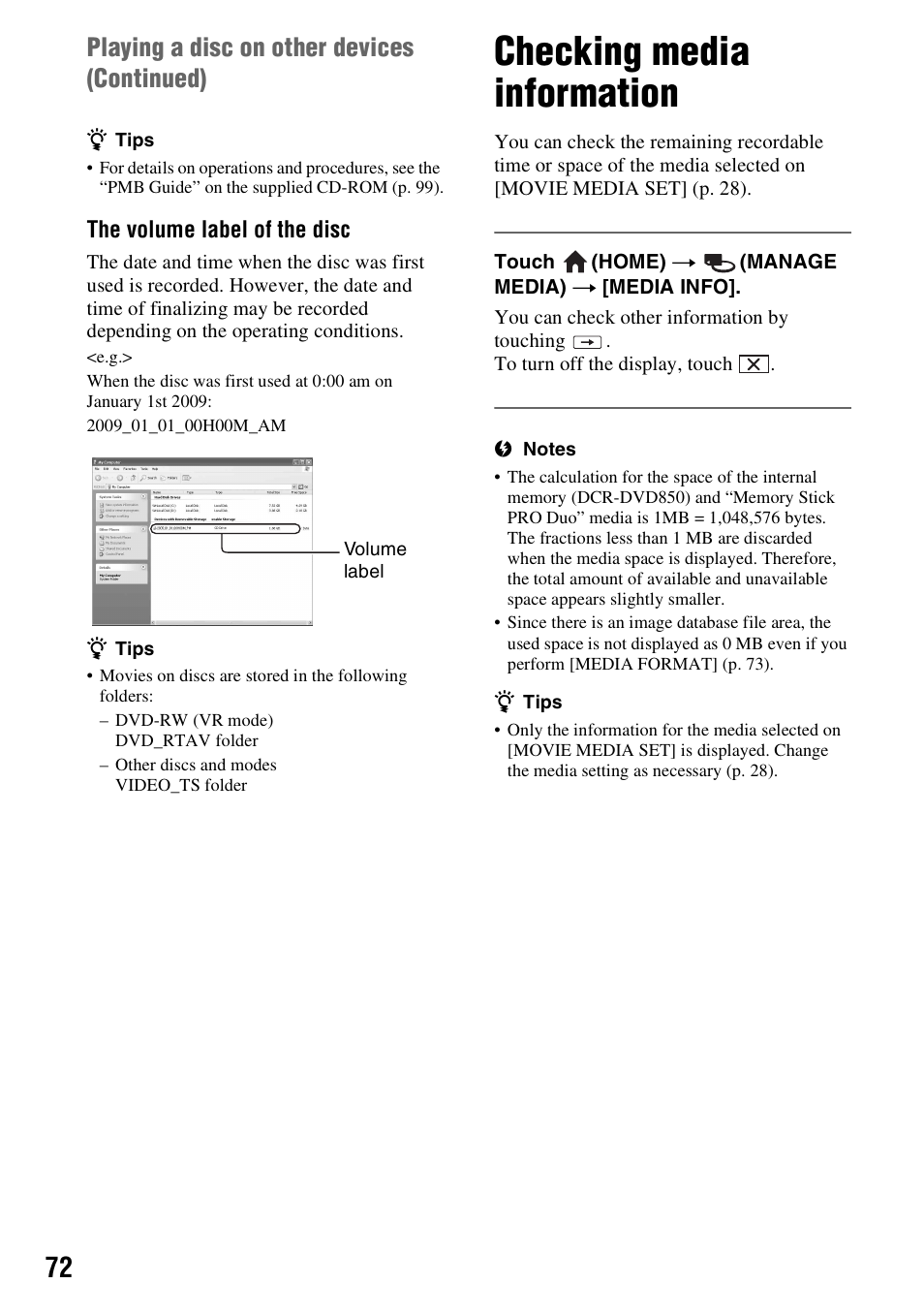 Checking media information, P. 72), P. 72 | Playing a disc on other devices (continued) | Sony DCR-DVD850 User Manual | Page 72 / 159