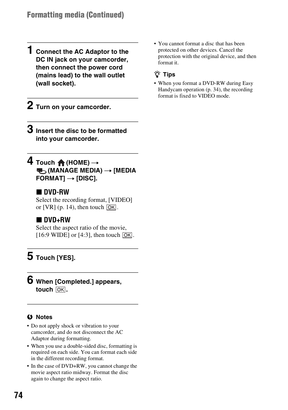 Formatting media (continued) | Sony DCR-DVD850 User Manual | Page 74 / 159