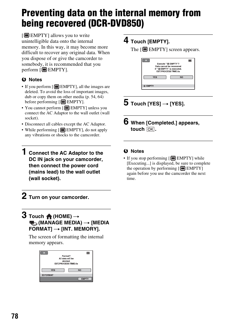 P. 78), Preventing data on the internal, Memory from being recovered (dcr-dvd850) | Sony DCR-DVD850 User Manual | Page 78 / 159