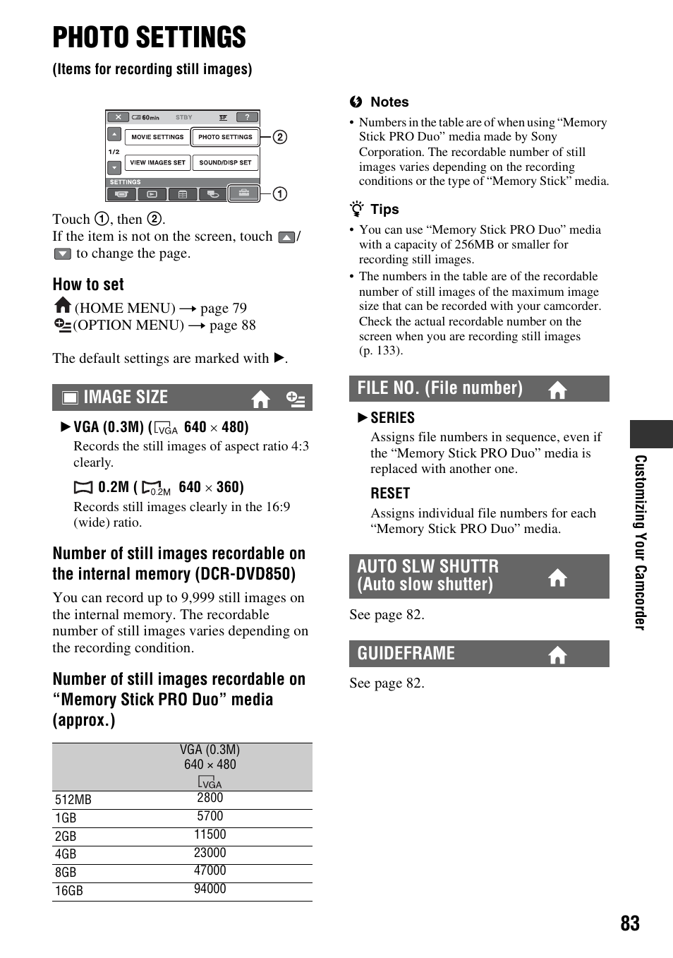 Photo settings, Items for recording still images), P. 83) | Image size | Sony DCR-DVD850 User Manual | Page 83 / 159