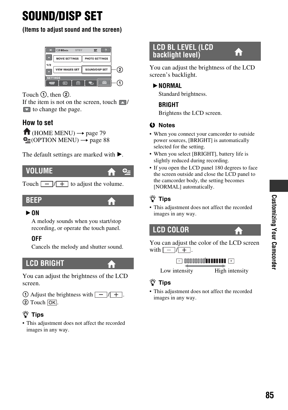 Sound/disp set, Items to adjust sound and the screen), P. 85 | Volume beep lcd bright, Lcd bl level (lcd backlight level) lcd color | Sony DCR-DVD850 User Manual | Page 85 / 159