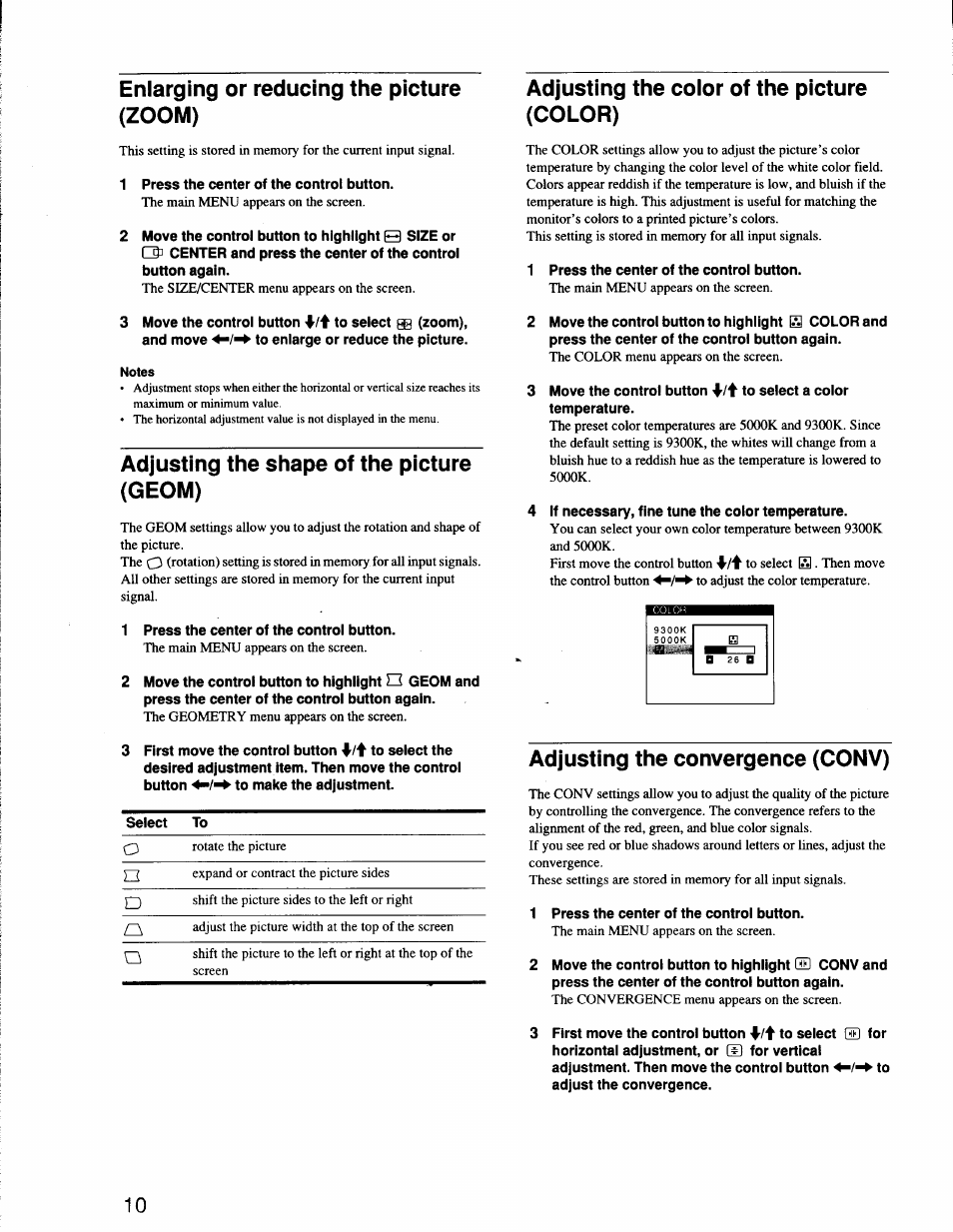 Enlarging or reducing the picture (zoom), Notes, Adjusting the shape of the picture (geom) | Adjusting the color of the picture (color), Adjusting the convergence (conv) | Sony CPD-G200 User Manual | Page 10 / 61