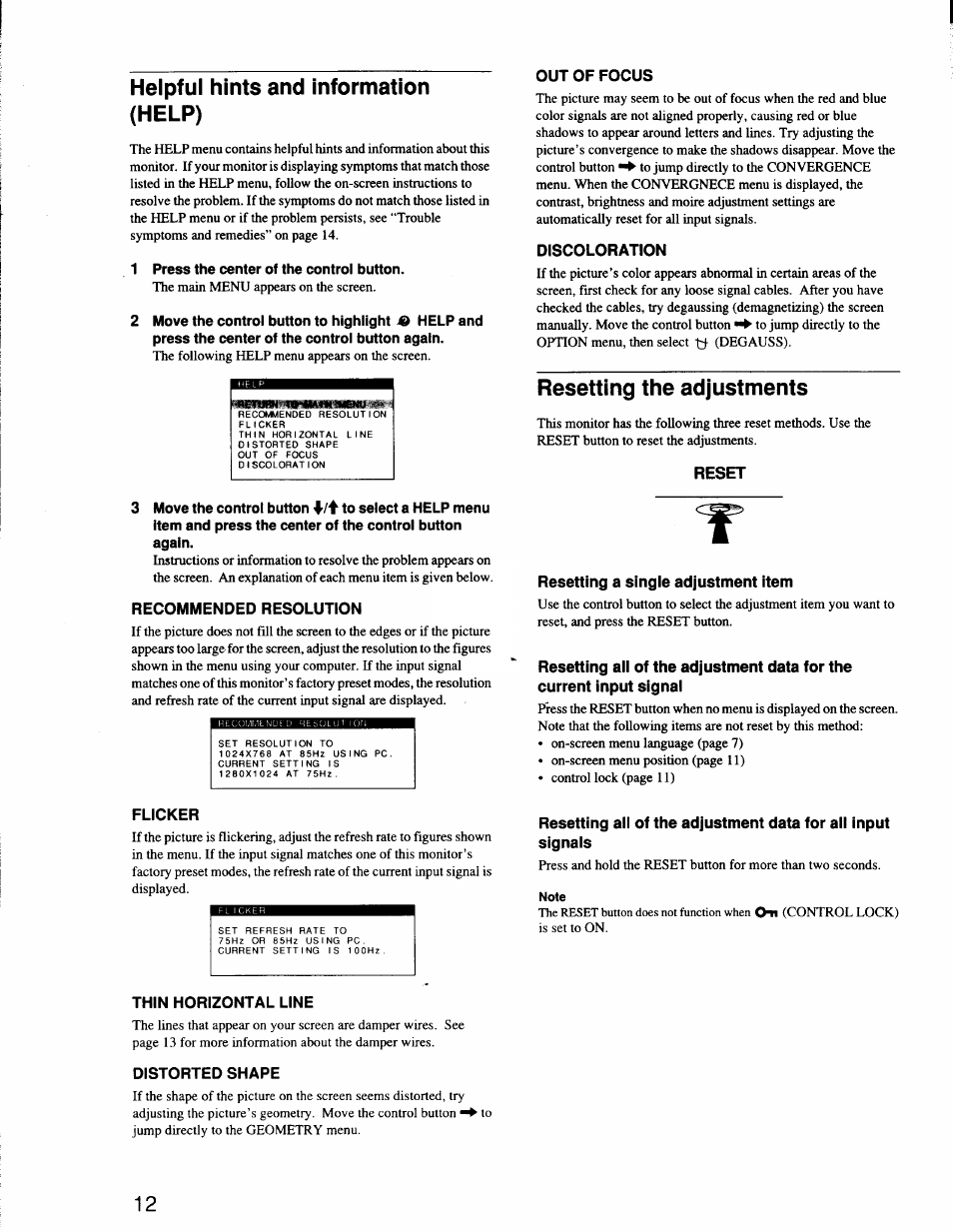 Helpful hints and information (help), Resetting the adjustments | Sony CPD-G200 User Manual | Page 12 / 61