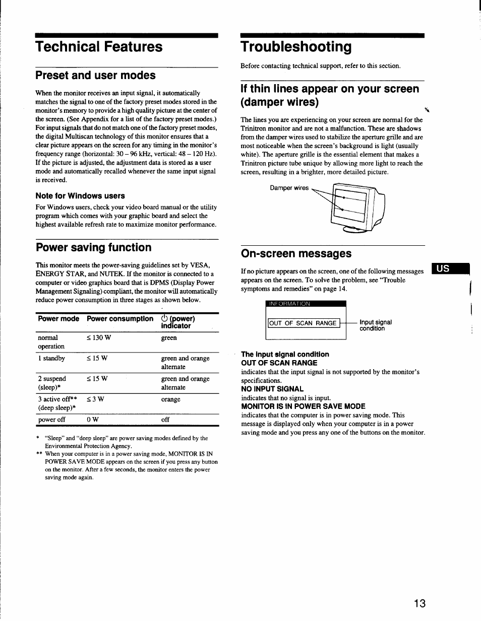 Technical features, Preset and user modes, Note for windows users | Power saving function, Troubleshooting, If thin lines appear on your screen (damper wires), On-screen messages, The input signal condition out of scan range, No input signal, Technicai features | Sony CPD-G200 User Manual | Page 13 / 61