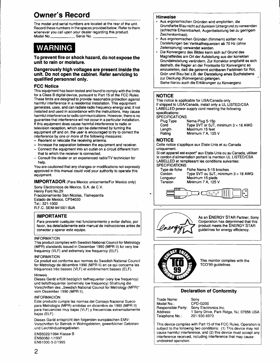 Fcc notice, Importante, Declaration of conformity | Owner’s record, Warning | Sony CPD-G200 User Manual | Page 2 / 61