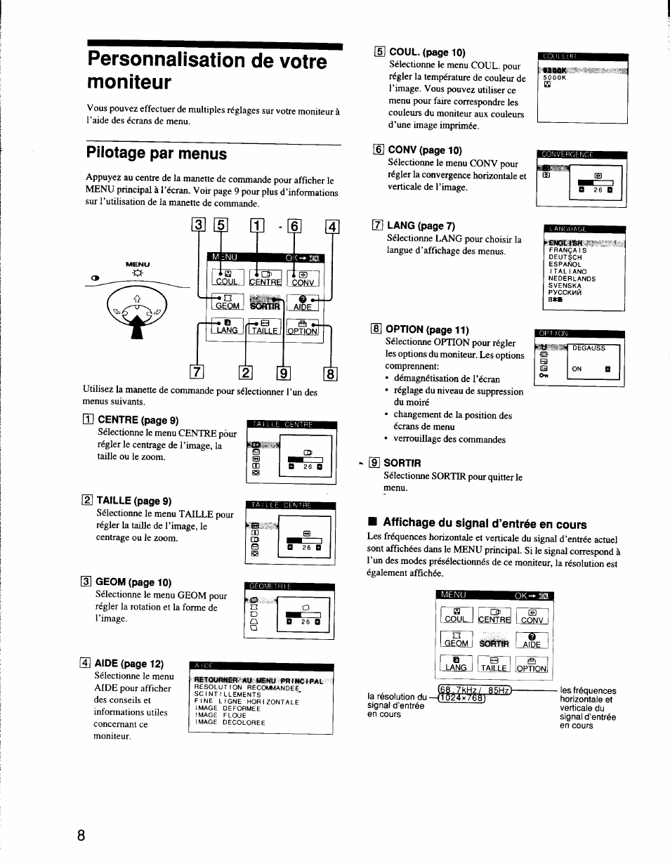 Personnalisation de votre moniteur, Pilotage par menus, Sortir | D 26 a | Sony CPD-G200 User Manual | Page 22 / 61