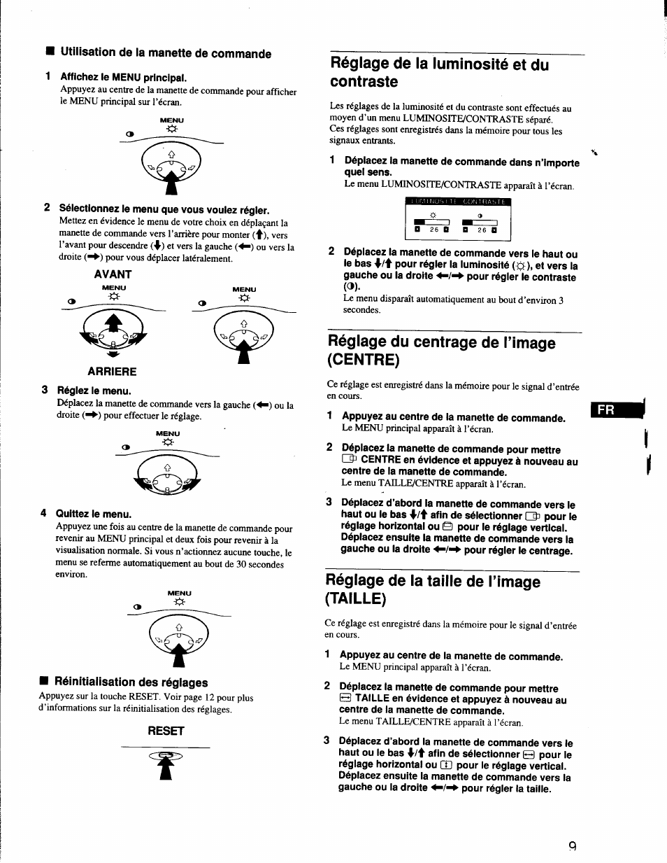 Réglage de la luminosité et du contraste, Réglage du centrage de l’image (centre), Réglage de la taille de l’image (taille) | Sony CPD-G200 User Manual | Page 23 / 61