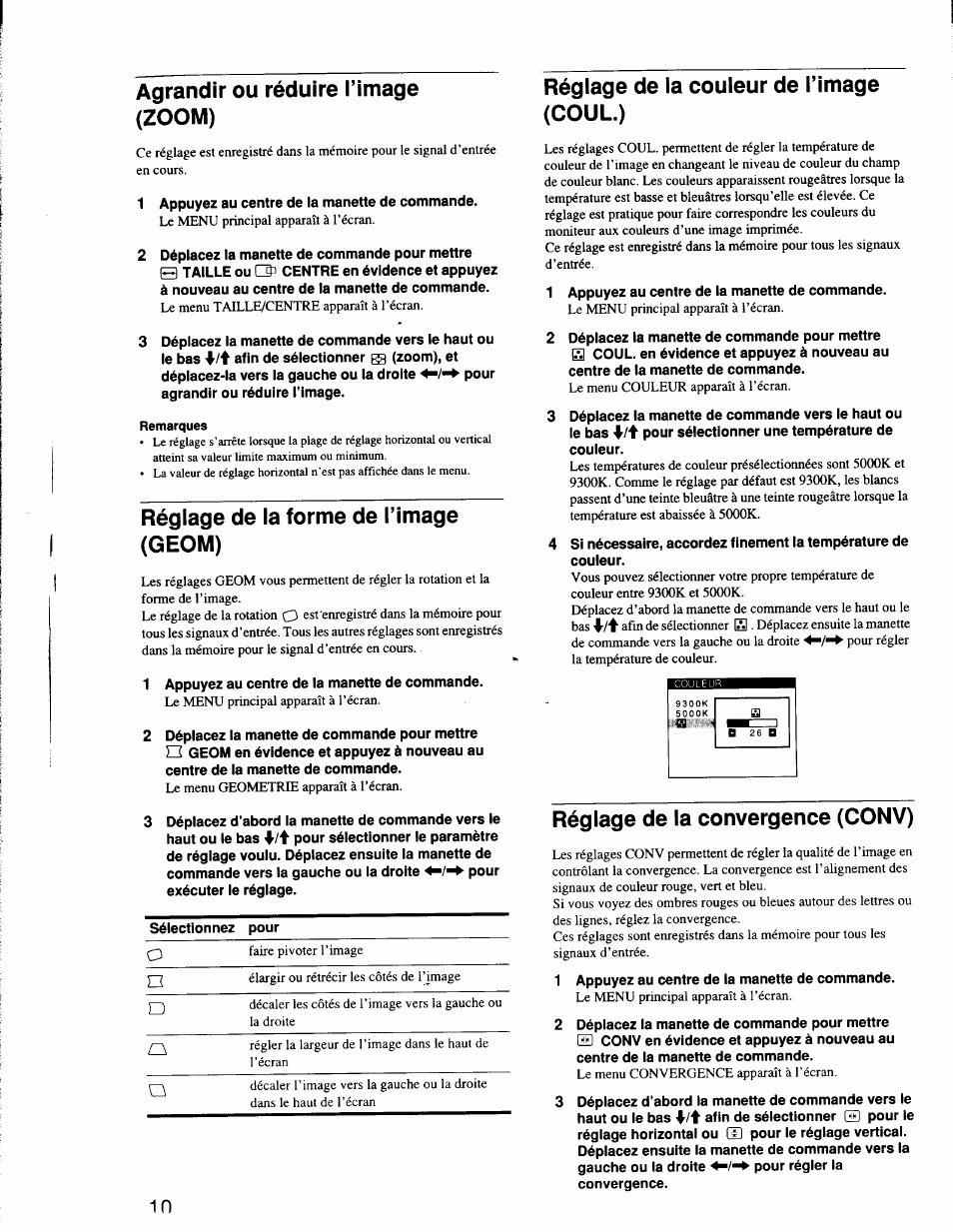 Agrandir ou réduire i’image (zoom), Remarques, Réglage de la forme de l’image (geom) | Réglage de la couleur de l’image (coul.), Réglage de la convergence (conv), Agrandir ou réduire l’image (zoom) | Sony CPD-G200 User Manual | Page 24 / 61