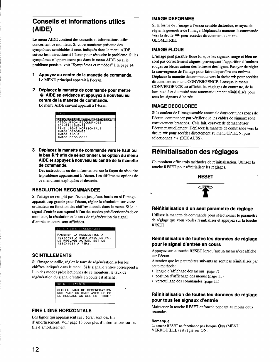 Conseils et informations utiles (aide), Image deformee, Image floue | Image decoloree, Resolution recommandee, Scintillements, Fine ligne horizontale, Réinitialisation des réglages, Reset, Réinitialisation d’un seul paramètre de réglage | Sony CPD-G200 User Manual | Page 26 / 61