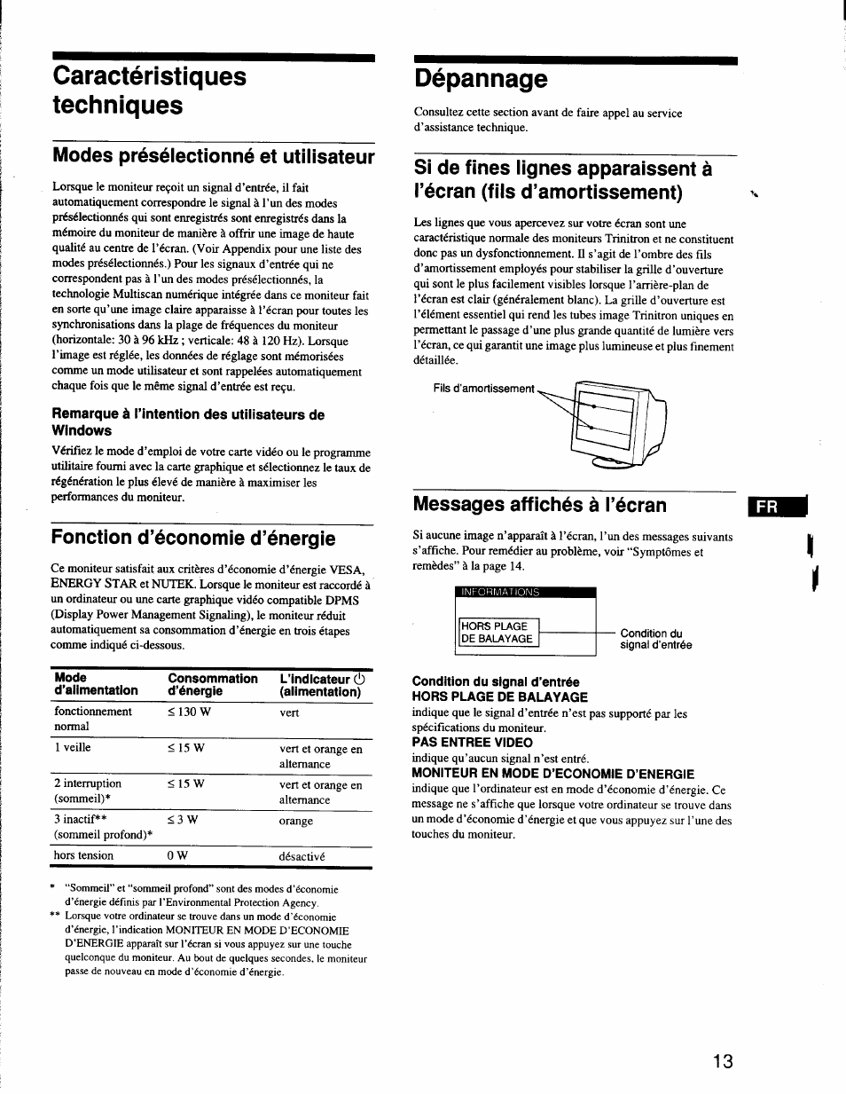 Caractéristiques, Techniques, Dépannage | Modes présélectionné et utilisateur, Remarque à l’intention des utilisateurs de windows, Fonction d’économie d’énergie, Messages affichés à l’écran, Pas entree video, Caractéristiques techniques dépannage | Sony CPD-G200 User Manual | Page 27 / 61