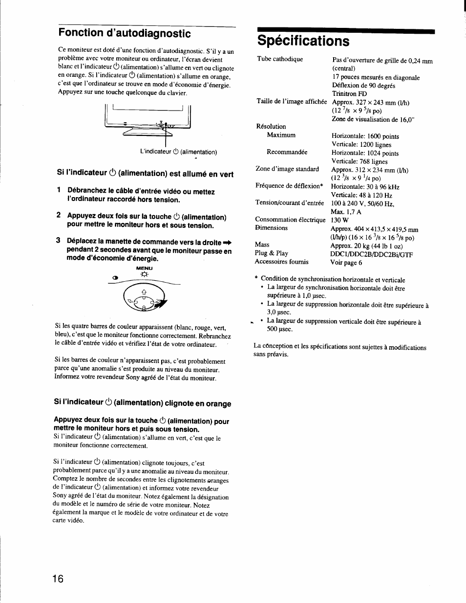 Fonction d’autodiagnostic, Spécifications | Sony CPD-G200 User Manual | Page 30 / 61