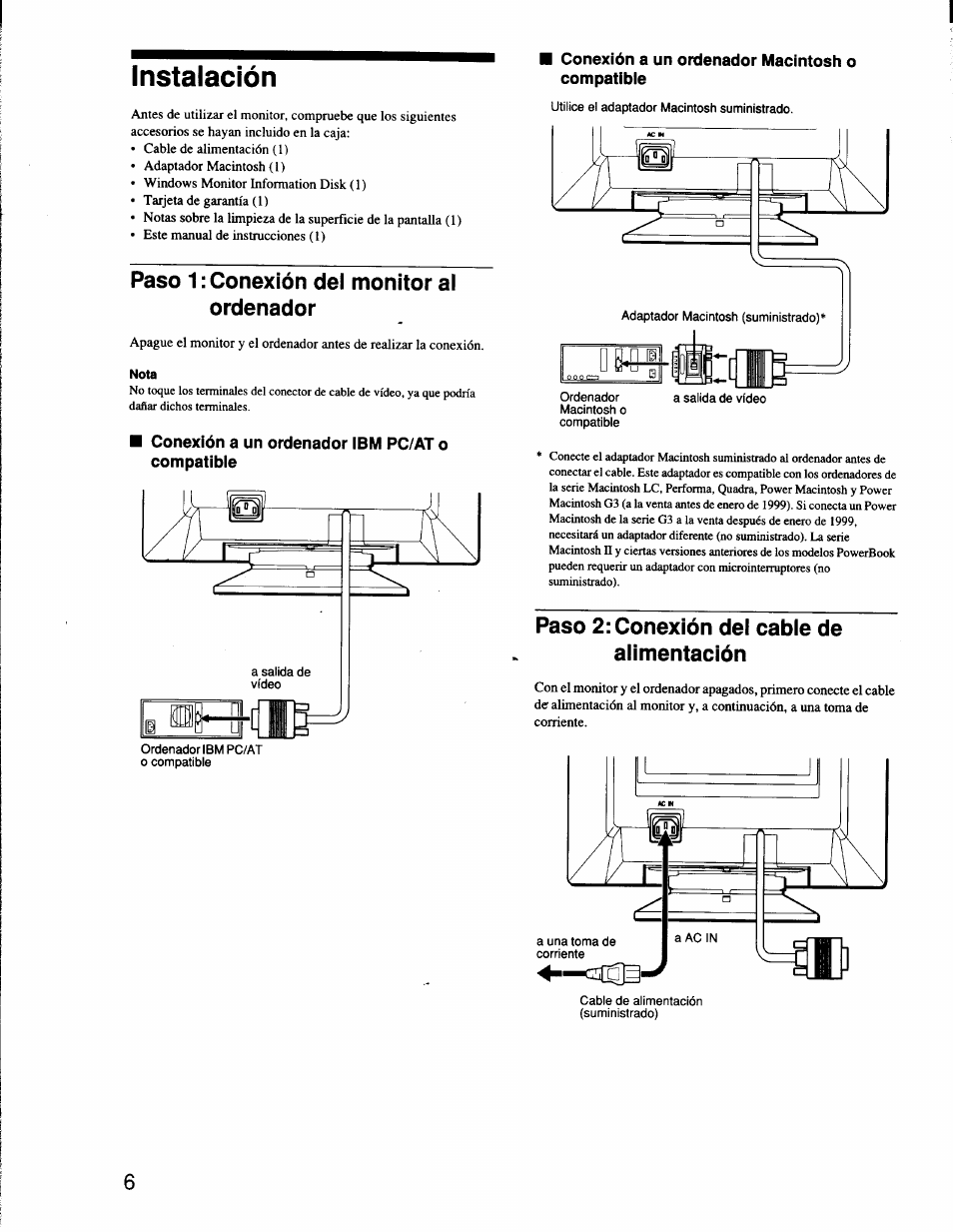 Instalación, Paso 1: conexión del monitor al ordenador, Paso 2: conexión del cable de alimentación | Sony CPD-G200 User Manual | Page 34 / 61