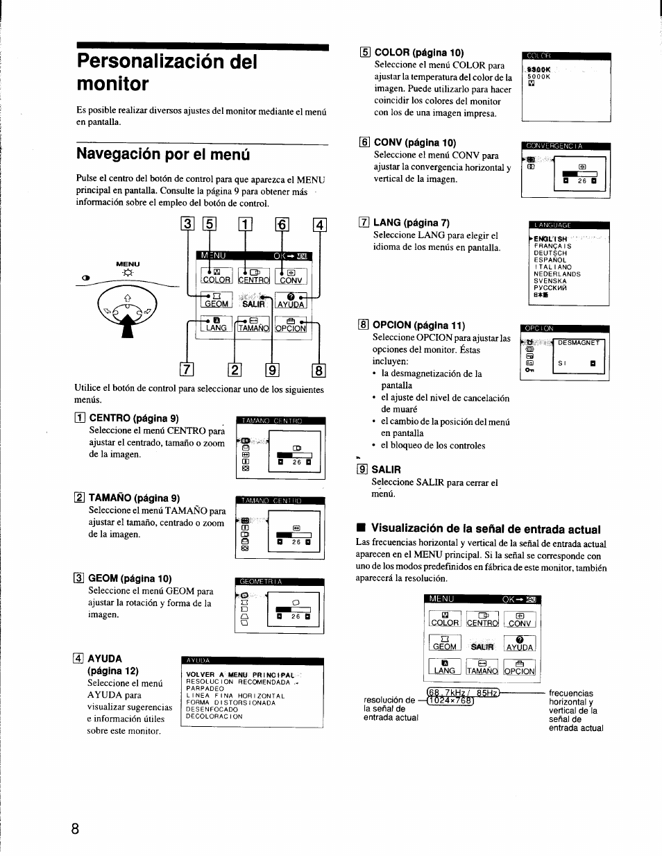 Personalización del monitor, Navegación por el menú, G] ayuda | Salir | Sony CPD-G200 User Manual | Page 36 / 61