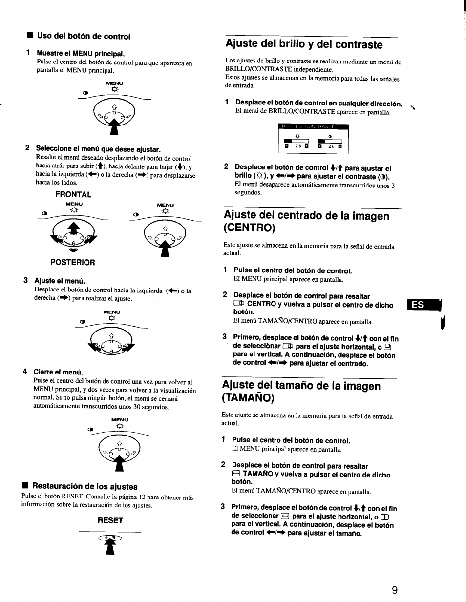 Ajuste del brillo y del contraste, Ajuste del centrado de la imagen (centro), Ajuste del tamaño de la imagen (tamaño) | Sony CPD-G200 User Manual | Page 37 / 61