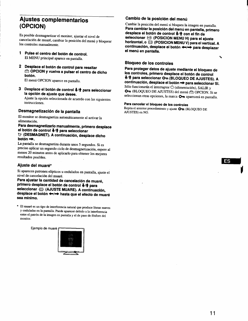 Ajustes complementarios (opcion), Desmagnetización de ia pantalia, Ajuste del muaré | Cambio de la posición del menú, Bloqueo de los controles | Sony CPD-G200 User Manual | Page 39 / 61