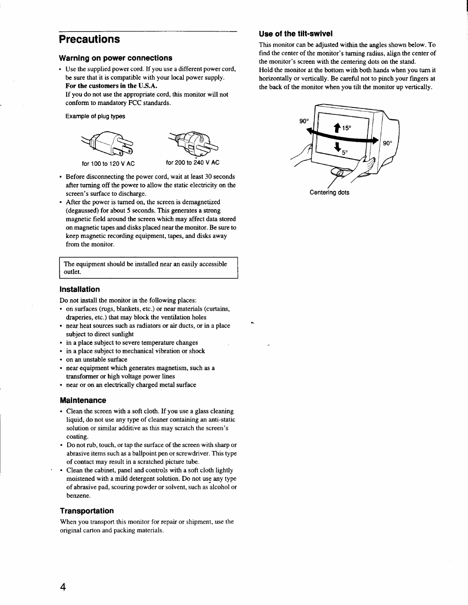 Warning on power connections, Use of the tilt-swivel, Installation | Maintenance, Transportation, Precautions | Sony CPD-G200 User Manual | Page 4 / 61