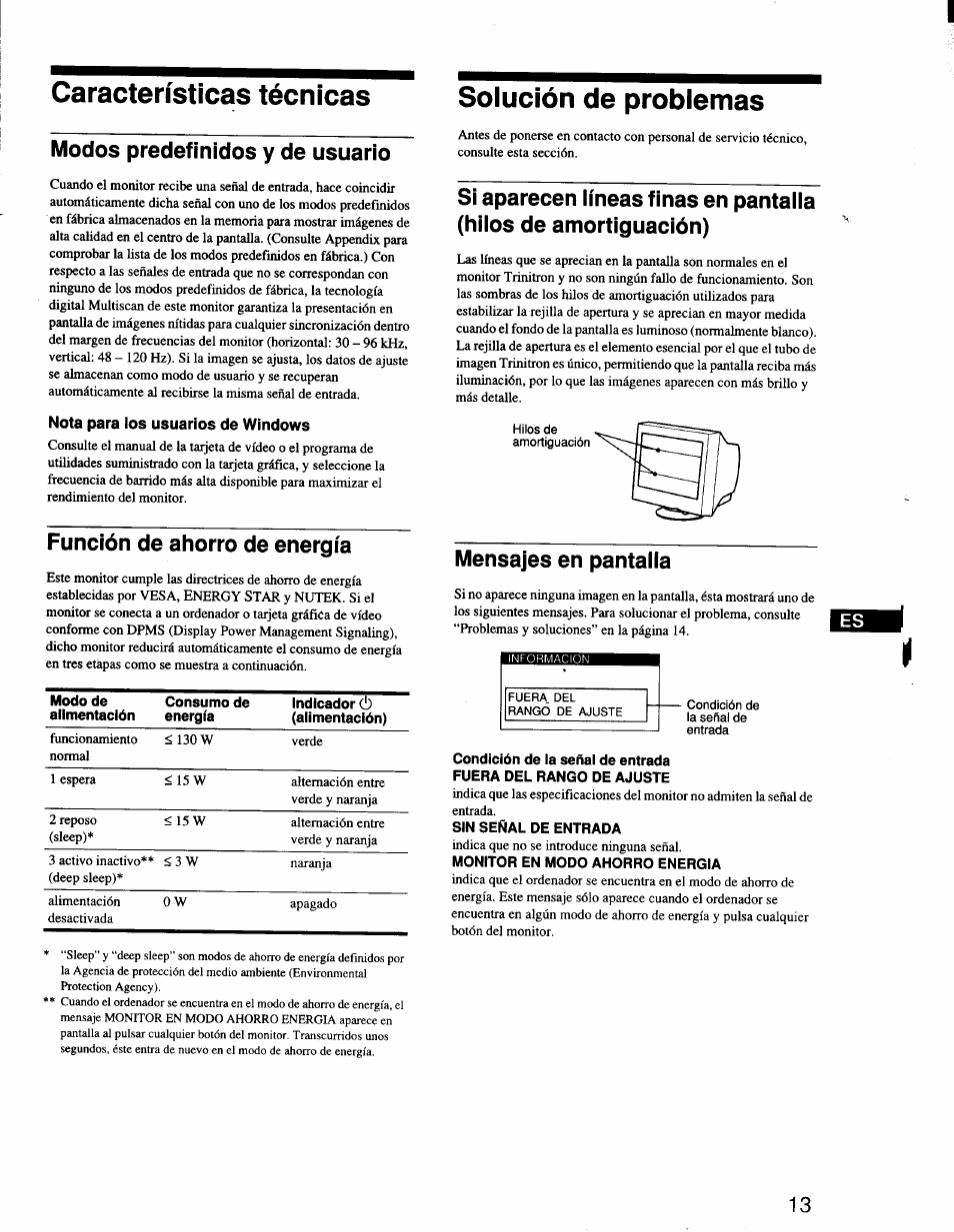 Características técnicas, Modos predefinidos y de usuario, Nota para los usuarios de windows | Solución de problemas, Función de ahorro de energía, Mensajes en pantalla, Sin señal de entrada, Monitor en modo ahorro energia, Soiución de probiemas | Sony CPD-G200 User Manual | Page 41 / 61