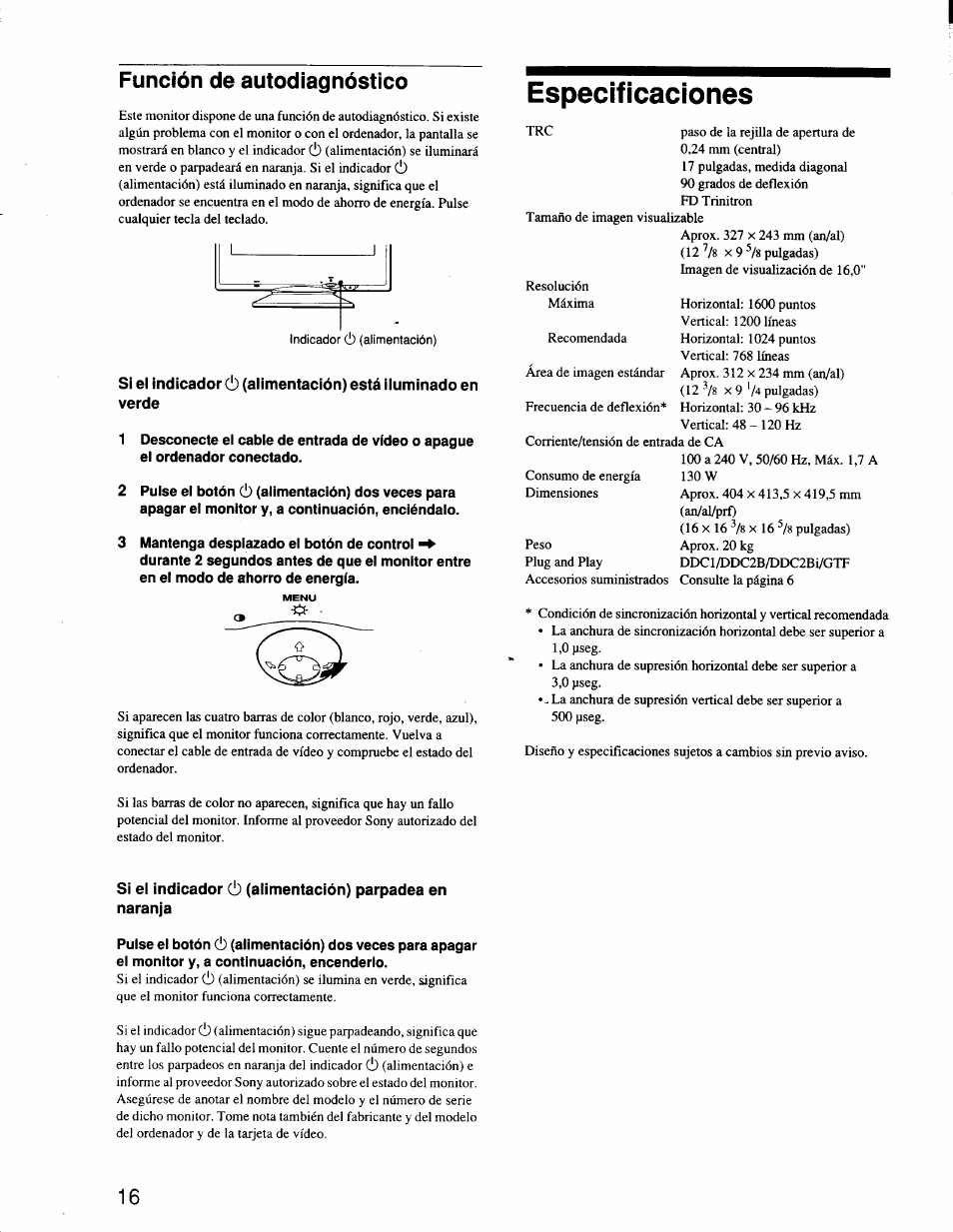 Función de autodíagnóstico, Verde, Especificaciones | Función de autodiagnóstico | Sony CPD-G200 User Manual | Page 44 / 61