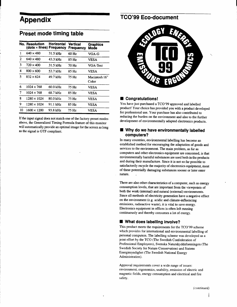 Tco’99 eco-document, Appendix, Preset mode timing tabie | Sony CPD-G200 User Manual | Page 59 / 61