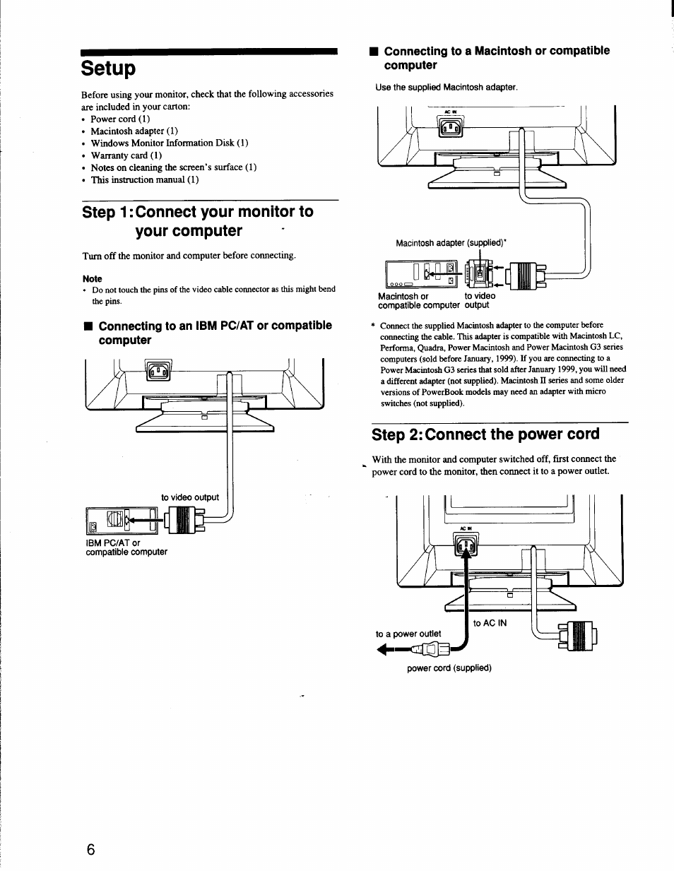 Step 1 ¡connect your monitor to your computer, Note, Step 2: connect the power cord | Setup | Sony CPD-G200 User Manual | Page 6 / 61