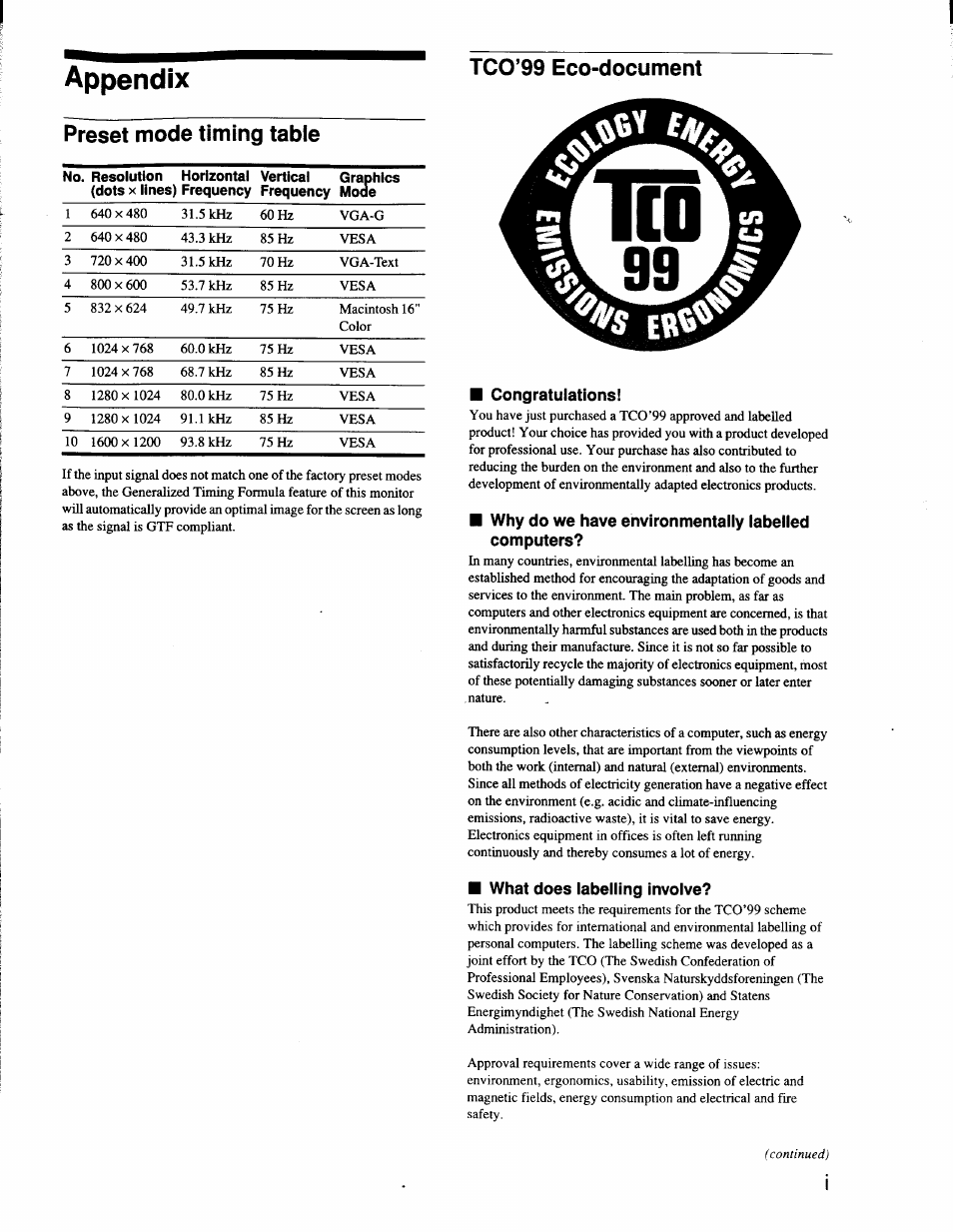 Tco’99 eco-document, Appendix, Preset mode timing tabie | Sony CPD-G200 User Manual | Page 60 / 61