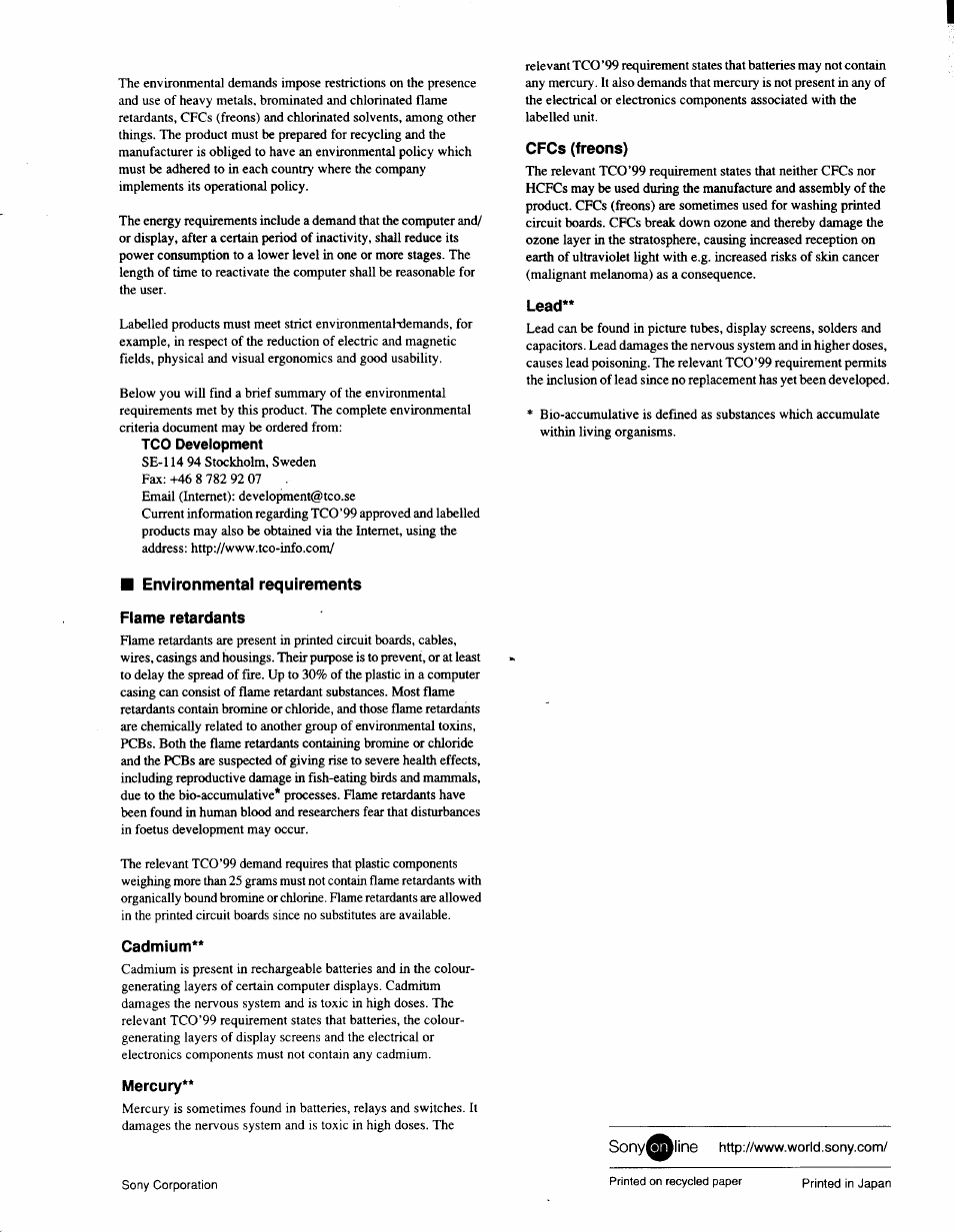 Tco development, Cfcs (freons), Lead | Environmental requirements flame retardants, Cadmium, Mercury | Sony CPD-G200 User Manual | Page 61 / 61