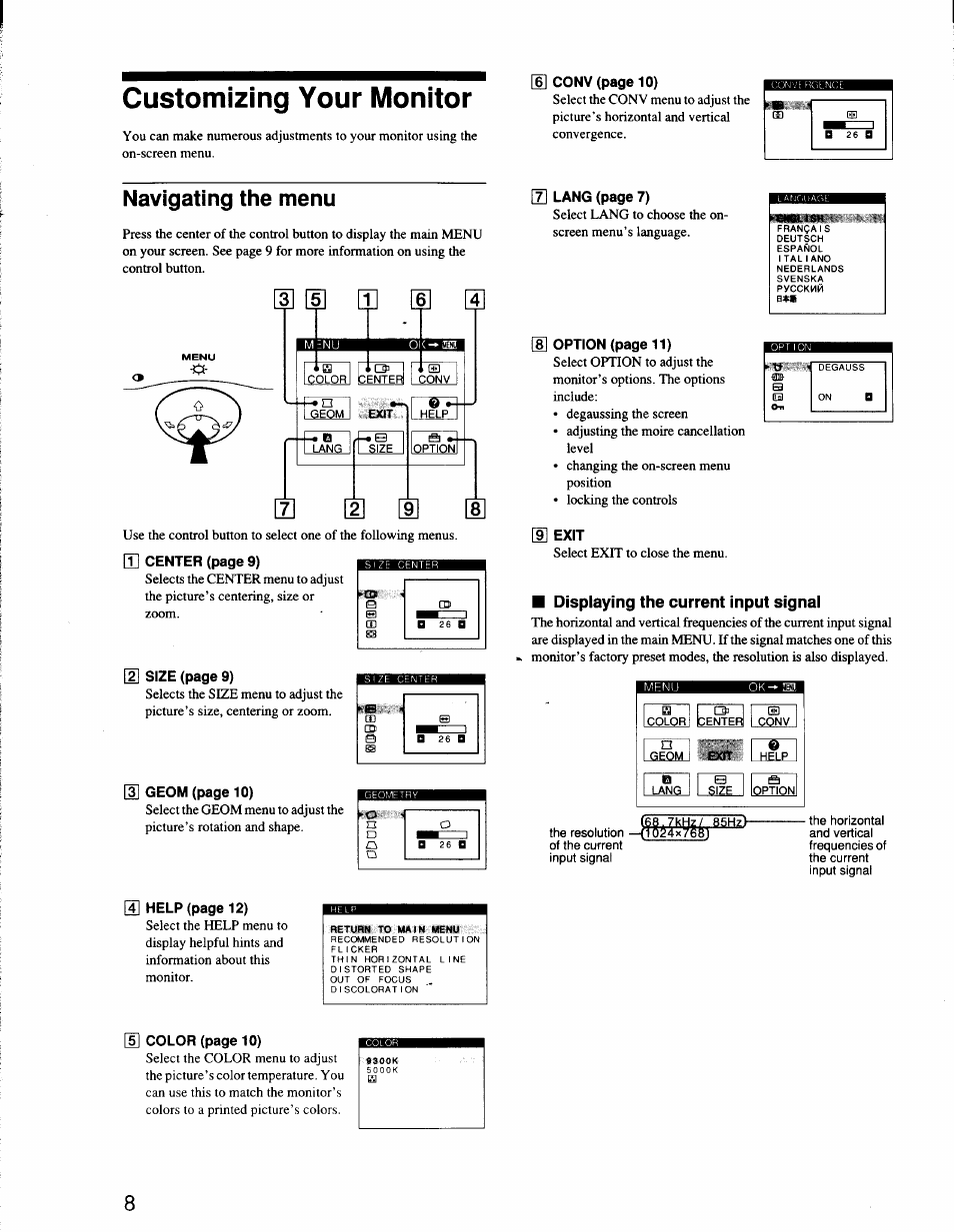 Customizing your monitor, Navigating the menu, Exit | Sony CPD-G200 User Manual | Page 8 / 61