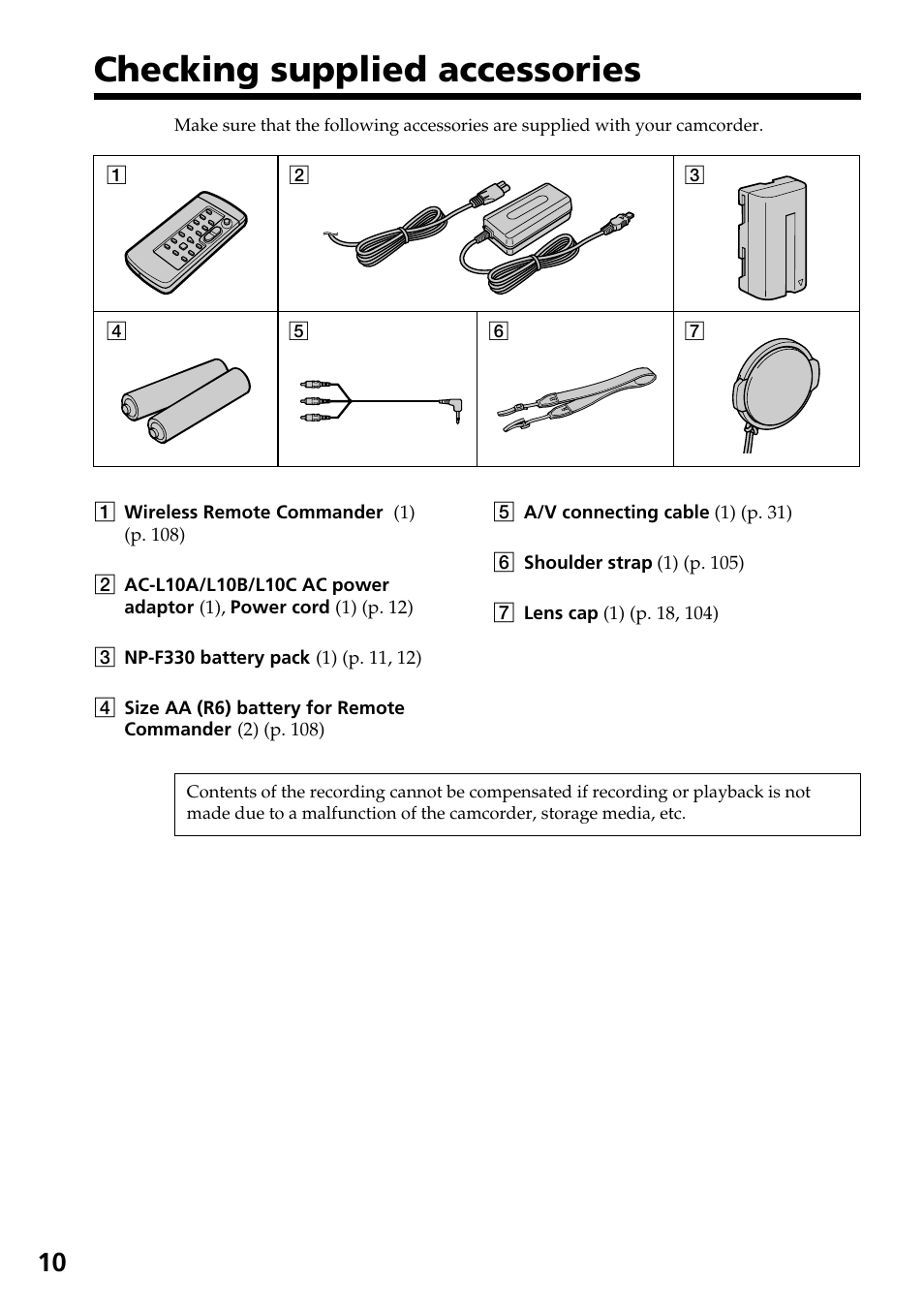 Checking supplied accessories | Sony DCR-TRV130 User Manual | Page 10 / 112