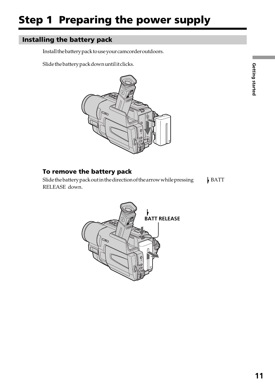 Step 1 preparing the power supply, Installing the battery pack | Sony DCR-TRV130 User Manual | Page 11 / 112